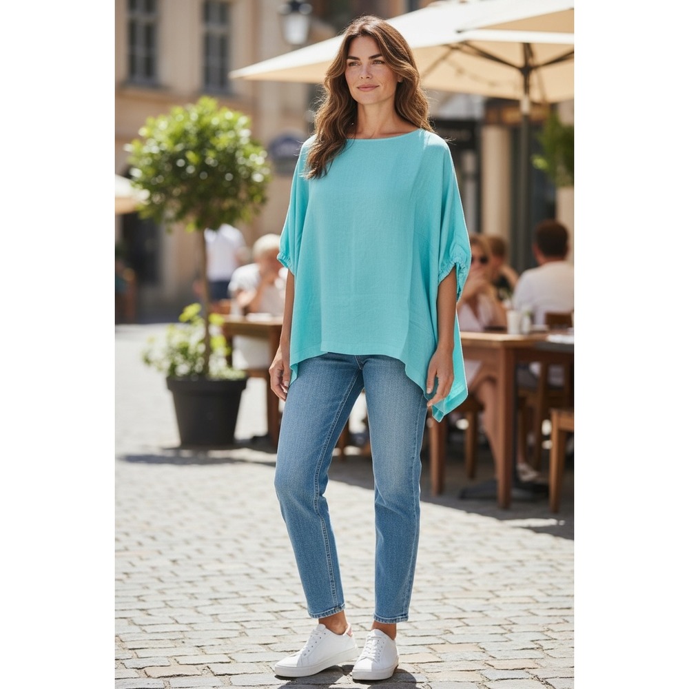 Zenana Women‎ XL Turquoise Blue Oversized Poncho Blouse Ruched Sleeve Boat Neck